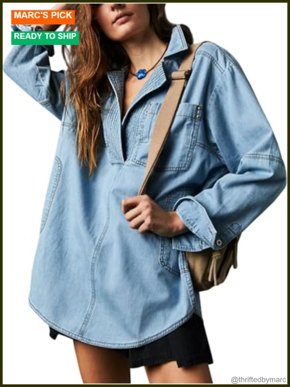 Womens Denim Top V Neck Loose Fit Long Sleeve Jean Jacket Pullover
